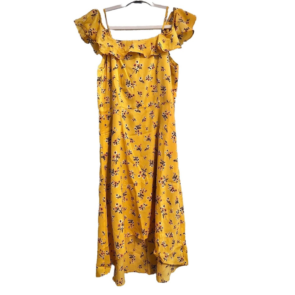Allegra K Spaghetti Strap‎ Asymmetrical High Low Floral A-Line Midi Dress Yellow
